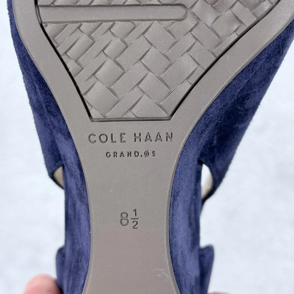 Cole Haan Lacey Suede Grand.OS Wedge Pump Women 8.5 Blue Ankle Strap Pointed Toe